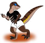  anthro blue_sclera bottomwear clothing dinosaur dromaeosaurid happy male rap_daniel reaux reptile scalie shirt shorts smile solo theropod topwear torn_clothing torn_shirt torn_topwear velociraptor 