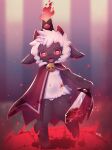  1girl :3 animal_ears black_skin blood blood_on_weapon cameltoe cape colored_skin cult_of_the_lamb fire flame full_body furry furry_female highres holding holding_sword holding_weapon horizontal_pupils horns looking_at_viewer magic_circle open_mouth racal_ra red_cape red_crown_(cult_of_the_lamb) red_eyes sheep_ears sheep_girl solo standing standing_on_one_leg sword the_lamb_(cult_of_the_lamb) weapon white_hair 
