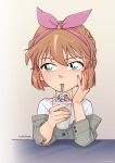  1girl bangs brown_background brown_hair brown_jacket cup disposable_cup drinking_straw drinking_straw_in_mouth green_eyes haibara_ai hair_between_eyes hairband hand_up highres holding holding_cup jacket long_sleeves meitantei_conan pink_hairband shiny shiny_hair shirt short_hair signature solo starbucks tonkwmy white_shirt 