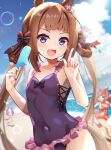  &gt;_&lt; 3girls :d animal_ears bangs bare_arms bare_shoulders bikini black_bow blue_sky blurry blurry_background blush bow breasts brown_hair closed_eyes cloud cloudy_sky commentary_request daiwa_scarlet_(trifle_vacation)_(umamusume) daiwa_scarlet_(umamusume) day depth_of_field fang food frilled_swimsuit frills highres holding holding_food horizon horse_ears horse_girl horse_tail large_breasts looking_at_viewer meyamu multiple_girls ocean one-piece_swimsuit outdoors popsicle purple_eyes purple_one-piece_swimsuit red_bikini running sky small_breasts smile solo_focus special_week_(hopping_vitamin_heart)_(umamusume) special_week_(umamusume) sweep_tosho_(monopolizing_the_chill?)_(umamusume) sweep_tosho_(umamusume) swimsuit tail twintails umamusume umamusume_summer_story_(umamusume) v-shaped_eyebrows water 