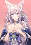  1girl animal_ear_fluff animal_ears azur_lane bangs bare_shoulders blue_eyes blue_kimono blush breasts cleavage closed_mouth collarbone commentary detached_collar fox_ears fox_girl grey_hair hair_ornament heart heart_hands highres japanese_clothes kimono large_breasts long_hair looking_at_viewer mole mole_under_eye off_shoulder rabe26k shinano_(azur_lane) sidelocks simple_background solo upper_body wide_sleeves 