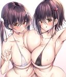  2girls arm_up armpits asymmetrical_docking bangs bikini black_bikini breast_press breasts brown_eyes brown_hair cleavage closed_mouth collarbone commentary_request covered_nipples crossed_bangs flower hair_between_eyes hair_flower hair_ornament highres huge_breasts kurou_(quadruple_zero) large_breasts licking_lips long_hair looking_at_viewer micro_bikini mole mole_on_breast multiple_girls navel original simple_background swimsuit tongue tongue_out white_background white_bikini 