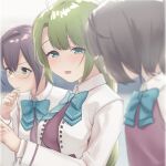  3girls aqua_bow aqua_bowtie black_hair blazer blue-framed_eyewear blue_eyes blurry bow bowtie braid commentary_request depth_of_field dress glasses green_eyes green_hair jacket kantai_collection kishinami_(kancolle) multicolored_hair multiple_girls okinami_(kancolle) okinami_kai_ni_(kancolle) purple_dress sakieko school_uniform short_hair single_braid solo_focus upper_body yuugumo_(kancolle) yuugumo_kai_ni_(kancolle) 