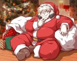  2022 anthro belly big_belly book_whitener bottomwear canid canine canis christmas christmas_clothing christmas_headwear clothing detailed_background domestic_dog gift hat headgear headwear hi_res holidays kemono male mammal monochrome_(series) one_eye_closed overweight overweight_male pants santa_claus santa_hat sitting solo takagi_kyou wink 