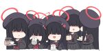  6+girls :d beret black_hair black_headwear black_sailor_collar black_serafuku black_shirt black_skirt blue_archive blush_stickers chibi coffee_pot commentary_request cup hair_over_eyes halo hat holding holding_cup holding_saucer justice_committee_club_member_(blue_archive) long_hair mug multiple_girls neckerchief nyaru_(nyaru_4126) pleated_skirt red_neckerchief sailor_collar saucer school_uniform serafuku shirt simple_background skirt smile very_long_hair white_background 