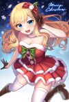  1girl black_gloves blonde_hair blue_eyes blush boots breasts christmas cleavage collarbone dress fur-trimmed_dress fur_choker fur_trim gloves highres idolmaster idolmaster_cinderella_girls knee_boots long_hair looking_at_viewer medium_breasts merry_christmas ohtsuki_yui red_dress round_teeth sakura_ran smile snowflake_background snowflakes solo strapless strapless_dress teeth thighhighs v very_long_hair white_thighhighs 