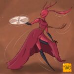  ant antennae_(anatomy) anthro arthropod blade bottomwear clothed clothing clothing_lift dancing dress dress_lift dress_lifting eyes_closed female fighting_pose fire_ant flower_petals hi_res hollow_knight hollow_knight:_silksong hunter_queen_carmelita hymenopteran insect no_underwear on_one_leg petals pose red_body red_clothing red_dress skirt skirt_lift solo spinning_blade standing team_cherry the_nameless_guy wind 