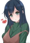  1girl blue_hair brown_dress dress green_eyes green_sweater heart highres kantai_collection long_hair official_alternate_costume official_alternate_hairstyle one-hour_drawing_challenge parted_lips ryouki_(34388923) simple_background solo souryuu_(kancolle) strap_slip sweater upper_body white_background 
