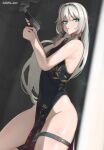  1girl an-94_(girls&#039;_frontline) bare_shoulders blue_eyes boca china_dress chinese_clothes dress girls&#039;_frontline grey_hair gun hairband handgun highres holding holding_gun holding_weapon long_hair makarov_pm smoke solo thigh_strap weapon 