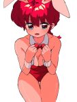  1girl animal_ears blue_eyes bow braid braided_ponytail breasts highres leotard playboy_bunny rabbit_ears ranma-chan ranma_1/2 red_bow red_hair sanamaru_(sana79261827) solo tears 