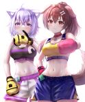  2girls :3 absurdres alternate_costume animal_ear_fluff animal_ears blue_shorts bone_hair_ornament boxer boxing_gloves breasts brown_eyes brown_hair cartoon_bone cat_ears cat_girl cat_tail character_name choker cleavage clothes_writing dog_ears dog_girl dog_tail hair_between_eyes hair_ornament highres hololive inugami_korone looking_at_viewer medium_breasts mouth_hold multiple_girls navel nekomata_okayu purple_eyes purple_hair red_choker short_hair shorts simple_background smile sweat tail thighs virtual_youtuber wajuniorbox white_background white_shorts 
