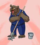  absurd_res anthro bear belt black_lips bucket claws cleaning_tool coksii container hi_res janitor lips male mammal mop open_mouth solo tongue yellow_teeth 