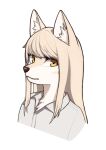  1girl :3 animal_ear_fluff animal_ears animal_nose artist_name bangs blonde_hair body_fur buttons closed_mouth collared_shirt commentary english_commentary facial_mark fox_ears fox_girl grey_shirt highres jeifier_(korfiorano01) long_hair looking_at_viewer mixed-language_commentary original portrait romaji_commentary shirt sidelocks signature simple_background snout solo swept_bangs two-tone_fur white_background white_fur yellow_eyes yellow_fur 