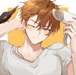  1boy bangs bird border brown_eyes brown_hair closed_mouth hair_dryer holding looking_at_viewer luke_pearce_(tears_of_themis) male_focus mitei_nat one_eye_closed shirt short_hair short_sleeves solo tears_of_themis white_border white_shirt yellow_background 