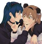  2girls :t animal_ear_headwear bangs black_headband blue_hair brown_hair hair_bun hair_ornament headband holding_head horn_ornament horns kunikida_hanamaru long_hair love_live! love_live!_sunshine!! multiple_girls single_hair_bun somi_(156152) tsushima_yoshiko yellow_eyes yuri 