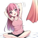  1girl armpits arms_behind_head arms_up barefoot bike_shorts black_shorts blush breasts commentary_request feet_out_of_frame hazumi_otoya highres long_hair open_mouth original pink_tank_top purple_eyes purple_hair shorts sitting smile solo tank_top 