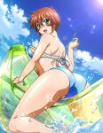  1girl bangs bare_arms bare_legs bikini blue_bikini blue_ribbon blue_sky brown_hair chinkyuu_koudai cloud day green_eyes hair_between_eyes ikkitousen inflatable_toy lens_flare open_mouth outdoors ribbon shiny shiny_hair shiny_skin short_hair shoulder_blades sky solo sparkle swimsuit untied untied_bikini untying 