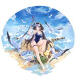  1girl animal artist_request azur_lane bangs bare_shoulders barefoot bird black_hair blue_sky breasts cleavage cloud cloudy_sky collarbone covered_navel day food fruit full_body goggles goggles_on_head hair_ornament hair_scrunchie hand_up highres holding horns hose long_hair looking_at_viewer low_twintails manjuu_(azur_lane) medium_breasts noshiro_(azur_lane) noshiro_(unwinding_in_the_sunshine)_(azur_lane) off_shoulder official_art one-piece_swimsuit open_clothes open_shirt outdoors parted_lips purple_eyes reflection sand_sculpture sandals scrunchie seagull shiny shiny_hair shiny_skin shirt shovel simple_background sky smile solo swimsuit sword thigh_strap thighs toes twintails water water_drop water_gun watermelon weapon wet wet_clothes 