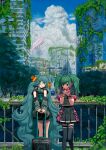  2girls absurdres black_skirt black_thighhighs blue_hair bokura_mada_underground bow bowtie clothes_pin commentary_request detached_sleeves dual_persona green_eyes green_hair hatsune_miku headphones headphones_around_neck highres leo/need_(project_sekai) long_hair long_sleeves luggage multicolored_hair multiple_girls overgrown pink_bow pink_bowtie pink_hair plaid post-apocalypse project_sekai railing road_sign ruins safety_pin school_uniform short_sleeves sign skirt streaked_hair thighhighs turu very_long_hair vocaloid 