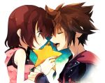  1boy 1girl bare_shoulders brown_hair clear_2758 closed_eyes dress food fruit hair_between_eyes happy_tears holding holding_another&#039;s_wrist holding_food holding_fruit hood hood_down hooded_dress kairi_(kingdom_hearts) kingdom_hearts kingdom_hearts_iii open_mouth paopu_fruit pink_dress red_hair short_hair smile sora_(kingdom_hearts) spiked_hair tears upper_body 