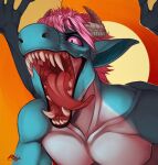  2017 anthro big_fangs blue_body bust_portrait dated dragon front_view hair hi_res male membrane_(anatomy) membranous_wings mouth_shot nude open_mouth pink_eyes pink_hair portrait purple_sclera red_tongue riorix signature simple_background solo tongue tongue_out white_body wings yellow_wings 
