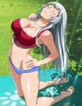  1girl bare_arms bare_legs barefoot blue_buruma breasts buruma chouun_shiryuu cleavage closed_eyes closed_mouth collarbone day feet grey_hair groin hands_on_hips ikkitousen kneeling large_breasts leaning_back legs long_hair navel outdoors red_sports_bra shiny shiny_hair shiny_skin soles solo sports_bra straight_hair stretching sunlight toes very_long_hair 