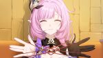  1girl absurdres black_gloves breasts cleavage cleavage_cutout closed_eyes closed_mouth clothing_cutout elf elysia_(honkai_impact) elysia_(miss_pink_elf)_(honkai_impact) gloves hair_ornament highres honkai_(series) honkai_impact_3rd long_hair pink_hair pointy_ears shadow single_glove smile solo upper_body xiazhijun816 