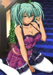  1girl aqua_hair bangs bare_arms belt belt_buckle black_belt black_skirt breasts buckle cleavage collarbone frilled_shirt frilled_skirt frills green_eyes hair_between_eyes ikkitousen indoors large_breasts layered_skirt long_hair miniskirt open_mouth pantyhose plaid plaid_shirt pleated_skirt purple_shirt ryofu_housen shiny shiny_hair shiny_skin shirt sitting skirt sleeveless sleeveless_shirt solo stairs twintails wariza white_pantyhose 