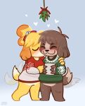  absurd_res animal_crossing brown_body brown_fur christmas christmas_clothing christmas_sweater christmas_topwear clothing crushpepper digby_(animal_crossing) digit_ring fur hi_res holidays incest_(lore) isabelle_(animal_crossing) isabelle_(disambiguation) jewelry kissing mistletoe nintendo plant ring sweater tagme topwear wedding_ring yellow_body yellow_fur 