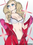  1girl absurdres blonde_hair blue_eyes bodysuit bra breasts catsuit cleavage full-length_zipper gloves grey_bra grey_panties highres large_breasts looking_to_the_side navel o3o panties patreon_username persona persona_5 pink_gloves poechan_chan red_bodysuit solo stomach takamaki_anne twintails underwear undressing unzipped zipper 