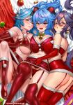  3girls ahoge aqua_eyes artist_name ass bell bikini blue_hair blush breasts christmas christmas_ornaments cleavage commentary crop_top curled_horns detached_collar elbow_gloves english_commentary enmanuelart20 eula_(genshin_impact) from_above ganyu_(genshin_impact) garter_straps genshin_impact gloves highres holly horns large_breasts long_hair looking_at_viewer lying medium_breasts medium_hair miniskirt mona_(genshin_impact) multiple_girls neck_bell on_back on_side open_mouth panties parted_lips purple_hair red_eyes red_panties revision santa_bikini santa_costume santa_gloves skirt swimsuit thighhighs twintails underwear yellow_eyes 