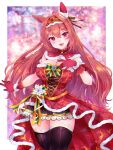  1girl :d animal_ears bangs black_thighhighs blurry blurry_background bow breasts brooch brown_hair christmas cleavage commentary_request daiwa_scarlet_(scarlet_nuit_etoile)_(umamusume) daiwa_scarlet_(umamusume) depth_of_field dress fang fur-trimmed_dress fur-trimmed_gloves fur_trim gloves hair_between_eyes hair_intakes hand_up head_tilt highres horse_ears illuminate_the_heart_(umamusume) jewelry large_breasts long_hair looking_at_viewer red_dress red_eyes red_gloves shichijou_natori smile solo striped striped_bow thighhighs tiara umamusume very_long_hair 