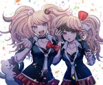  2girls :d :o bangs bear_hair_ornament black_choker black_necktie black_shirt blue_eyes bow breasts choker cleavage collarbone confetti cosplay danganronpa:_trigger_happy_havoc danganronpa_(series) enoshima_junko enoshima_junko_(cosplay) esu_(tasoesu) freckles grey_background hair_bow hair_ornament highres ikusaba_mukuro large_breasts long_hair long_sleeves medium_breasts miniskirt monokuma multiple_girls nail_polish necktie pleated_skirt rabbit_hair_ornament red_nails red_skirt shirt short_hair siblings skirt smile teeth twins twintails upper_teeth_only white_necktie 