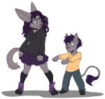  2022 5_fingers anthro breasts clothed clothing digital_media_(artwork) domestic_cat duo eyebrows eyelashes felid feline felis female fingers green_eyes hair hi_res kittydee male mammal purple_hair smile 