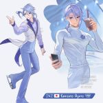  1boy absurdres alternate_costume apple_inc. arm_at_side artist_name asymmetrical_hair asymmetrical_sidelocks backlighting bishounen blue_eyes blue_hair blue_pants blue_shirt blurry blurry_background bubble_tea cellphone character_name closed_mouth coat collared_shirt contrapposto covered_abs cowboy_shot drink drinking_straw english_commentary figure_skating finger_gun full_body genshin_impact gold_trim hair_between_eyes hair_flaps hair_over_shoulder hand_up highres holding holding_drink holding_phone ice_skates ice_skating indoors iphone japanese_flag kamisato_ayato lapels long_sleeves lu_luu99 male_focus medium_hair mole mole_under_mouth motion_blur multiple_views olympic_rings olympics outstretched_arm pants parted_lips phone ponytail popped_collar selfie shirt sidelocks simple_background single_hair_intake skates skating skating_rink sleeve_cuffs sleeveless_coat smartphone smile tailcoat taking_picture tight toned toned_male twitter_username watermark white_background white_coat white_pants white_shirt 