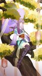  1girl absurdres closed_mouth expressionless full_body hair_ornament highres holding holding_umbrella lantern long_hair long_sleeves looking_at_viewer purple_hair qin_shi_ming_yue shao_siming_(qin_shi_ming_yue) sharlnagu single_hair_ring sitting solo streamers thighhighs tree umbrella veil white_background 