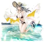  1girl artist_request azur_lane bangs bare_shoulders breasts charybdis_(azur_lane) cleavage full_body hat highres looking_at_viewer official_art partially_submerged shiny shiny_hair shiny_skin simple_background smile solo swimsuit thighs wading water 