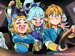  1boy 2girls alcohol aqua_(konosuba) arm_over_shoulder arm_up bangs beer beer_can blonde_hair blue_hair blue_shirt blush bottle bow breasts bubble can car_interior clenched_hand closed_mouth commentary driving drunk ear_piercing elf english_commentary green_bow hair_ornament hairclip highres holding holding_bottle kono_subarashii_sekai_ni_shukufuku_wo! leg_up light_blue_hair link long_hair long_sleeves medium_hair multiple_girls open_mouth piercing pointy_ears princess_zelda seatbelt shirt short_hair signature snegovski socks steering_wheel teeth the_legend_of_zelda the_legend_of_zelda:_breath_of_the_wild the_legend_of_zelda:_tears_of_the_kingdom undershirt upper_teeth_only white_socks wide-eyed 