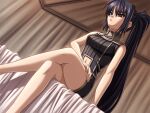  1girl bangs bare_arms bare_legs bed black_dress black_hair blaze_of_destiny_ii_-_the_beginning_of_the_fate breasts brown_eyes canaan_fis clothing_cutout crossed_legs dress dutch_angle game_cg hair_between_eyes hand_on_thighs indoors long_hair medium_breasts midriff navel navel_cutout ninozen ponytail shiny shiny_hair short_dress sitting sleeveless sleeveless_dress solo stomach very_long_hair 