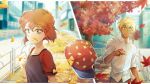  1boy 1girl amuro_tooru artist_name astrayin autumn_leaves bangs baseball_cap black_shirt blurry blurry_background brown_hair brown_pants collarbone collared_shirt day falling_leaves green_eyes haibara_ai hand_up hat hat_removed headwear_removed highres leaf looking_at_viewer meitantei_conan outdoors pants raglan_sleeves red_headwear red_shirt shiny shiny_hair shirt split_screen tree white_shirt 