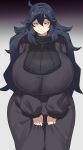  1girl bangs black_dress black_hair blue_eyes blush breasts chamchami closed_mouth clothes_grab dress gradient gradient_background hair_between_eyes hairband hex_maniac_(pokemon) highres huge_breasts long_hair long_sleeves looking_at_viewer pokemon solo standing sweater thick_eyebrows turtleneck turtleneck_sweater 