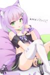  1girl :p animal_ear_fluff animal_ears arm_up black_shirt black_shorts cat_ears cat_girl cat_tail green_eyes gun hair_ornament handgun highres indie_virtual_youtuber midriff mogura2009 paw_pose pillow purple_hair shirt short_hair short_shorts short_sleeves shorts shwaa single_thighhigh sitting smile solo tail thighhighs thighs tongue tongue_out virtual_youtuber weapon white_thighhighs 