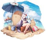  1girl animal animal_ears artist_request azur_lane bangs bare_shoulders beach beach_umbrella bikini bikini_skirt bird blue_sky bow breasts bucket burger cloud cloudy_sky day drinking_straw flower food french_fries fruit full_body hair_bow hair_flower hair_ornament hairband hibiscus highres ice_cream ice_cream_cup katana long_hair looking_at_viewer low-tied_long_hair manjuu_(azur_lane) navel official_art rabbit_ears sand sand_sculpture sandals seagull seashell shadow sheath sheathed shell shimakaze_(azur_lane) shimakaze_(the_island_wind_rests)_(azur_lane) shiny shiny_hair shiny_skin shovel simple_background sitting sky small_breasts smile solo stomach swimsuit sword table thighs toes umbrella water weapon white_hair wrist_cuffs yellow_eyes 