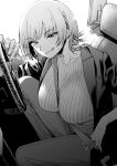  1girl bangs between_breasts blush breasts breath car_interior greyscale grin highres ice_reizou jacket large_breasts looking_at_viewer monochrome open_clothes open_jacket original pants seatbelt short_hair smile solo steering_wheel strap_between_breasts sweat sweater 