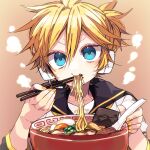  1boy aqua_eyes blonde_hair blue_eyes chopsticks egg food hair_between_eyes headphones holding holding_chopsticks holding_spoon kagamine_len kaho_0102 looking_at_viewer male_focus mouth_hold noodles ramen sailor_collar short_hair simple_background smile spoon steam vocaloid yellow_nails 