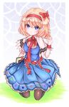  1girl absurdres alice_margatroid black_thighhighs blonde_hair blue_dress blue_eyes blush book closed_mouth dress highres holding holding_book looking_at_viewer on_floor red_ribbon ribbon seiza short_hair sitting solo thighhighs touhou yuzak 