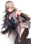  1girl bangs black_choker black_gloves black_hairband blush breasts choker cleavage closed_mouth collarbone corrin_(fire_emblem) corrin_(fire_emblem)_(female) elbow_gloves fingerless_gloves fire_emblem fire_emblem_fates fire_emblem_heroes frown gloves grey_hair grey_kimono hair_between_eyes hairband highres japanese_clothes kimono labebebe_lee long_hair lying medium_breasts ninja official_alternate_costume on_side red_eyes short_kimono solo sweatdrop very_long_hair 