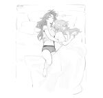  2girls barefoot blanket closed_eyes closed_mouth clothes_lift elysia_(honkai_impact) greyscale honkai_(series) honkai_impact_3rd long_hair lying maiqo monochrome multiple_girls navel on_back on_bed on_side pillow pointy_ears raiden_mei shirt shirt_lift short_sleeves under_covers 