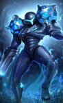  1girl absurdres arm_cannon armor blurry blurry_background claws commentary_request dark_samus energy floating full_armor glowing glowing_eyes gonzarez hand_up helmet highres looking_at_viewer metroid metroid_prime metroid_prime_2:_echoes phazon power_armor power_suit solo weapon 