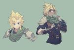  1boy armor black_gloves blonde_hair blue_eyes blue_shirt cloud_strife crisis_core_final_fantasy_vii final_fantasy final_fantasy_vii gloves green_background green_scarf harness looking_at_viewer male_focus multiple_views parted_lips rolling_eyes scarf shirt short_hair shoulder_armor solo spiked_hair tpqmsrp upper_body 